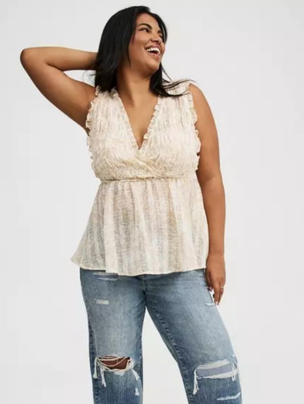 Torrid Plus Size 4x: Sleeveless V-Neck Ruffle Peplum Top in Cream